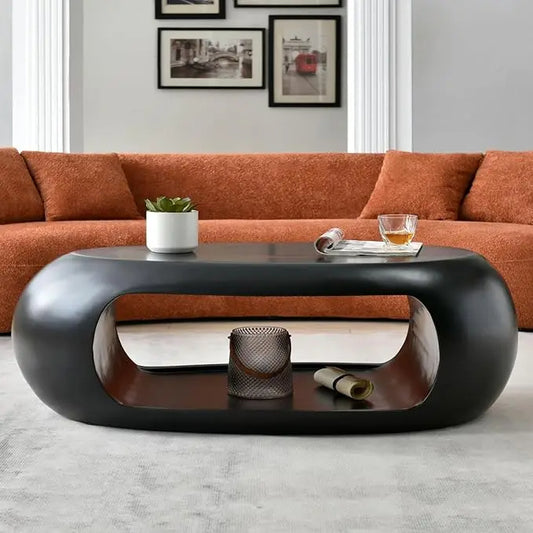 Black Abstract Modern Coffee Table with Storage Shelf, Oval 2-Tier Design, Style and Functionality