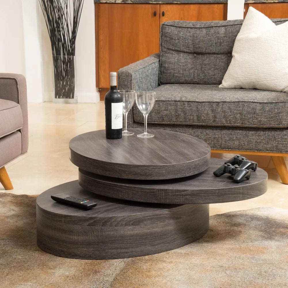 Black Minimalist Coffee Table with Rotating Top - Modern Oval Centerpiece for Living Room